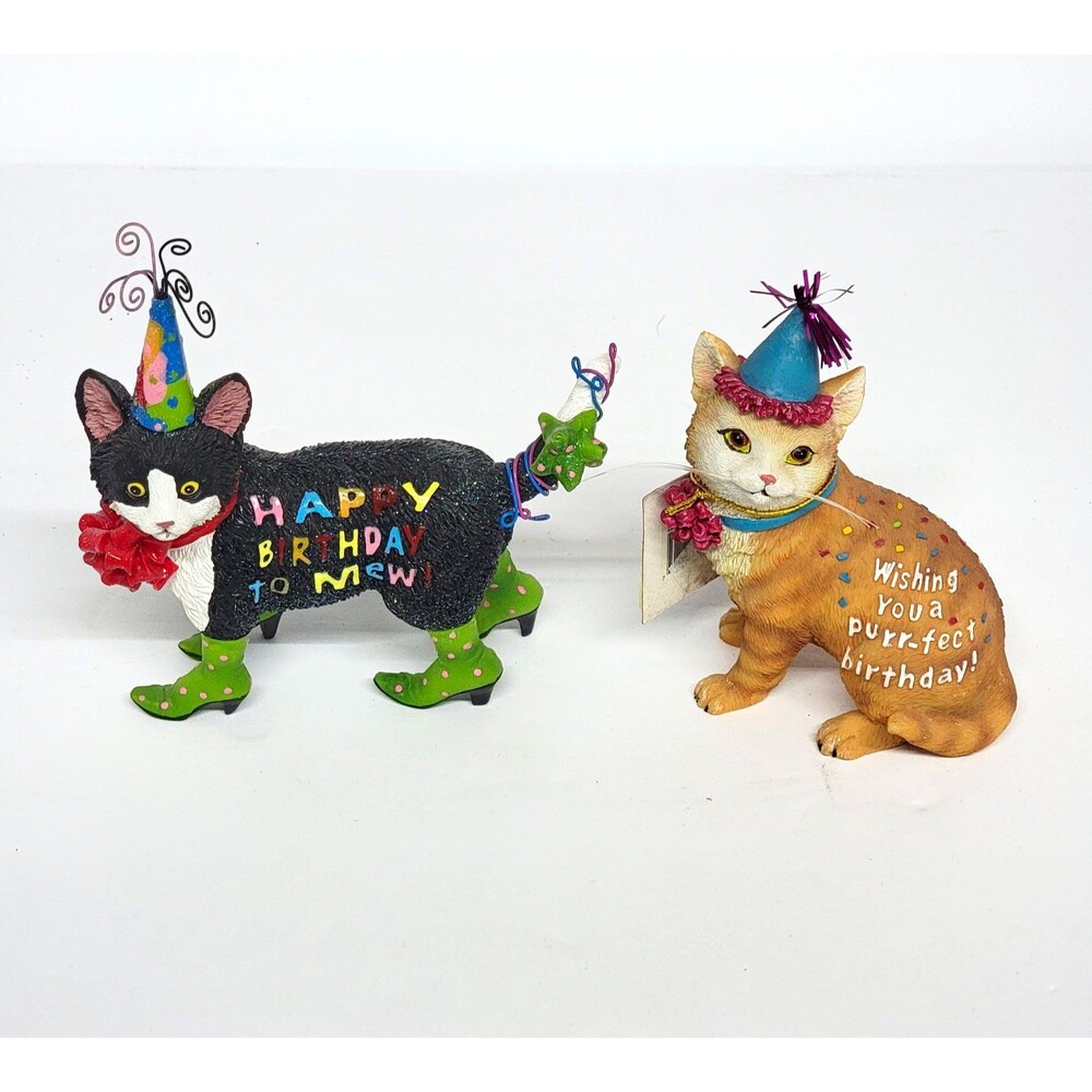 Whimsical Cat Birthday Figurines Lot of 2 Kitsch Festive Kitten Party Hat Resin